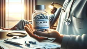 bottle of Baclofen and a relaxed individual 